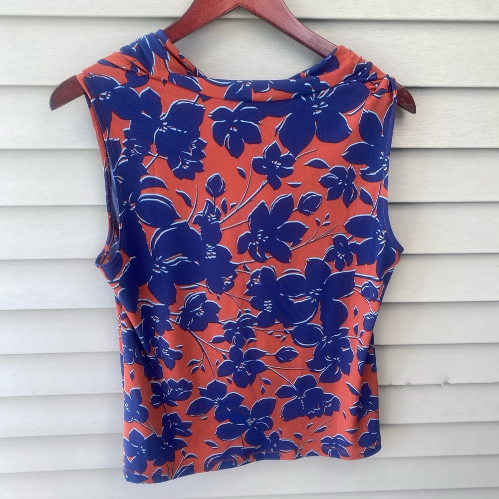 Tahari Draped Sleeveless Blouse in Blue and Orange - Picture 9 of 9
